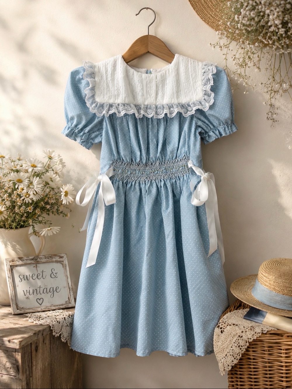 Classic Light Blue Smocked Girls' Dress with White Lace collar size 5